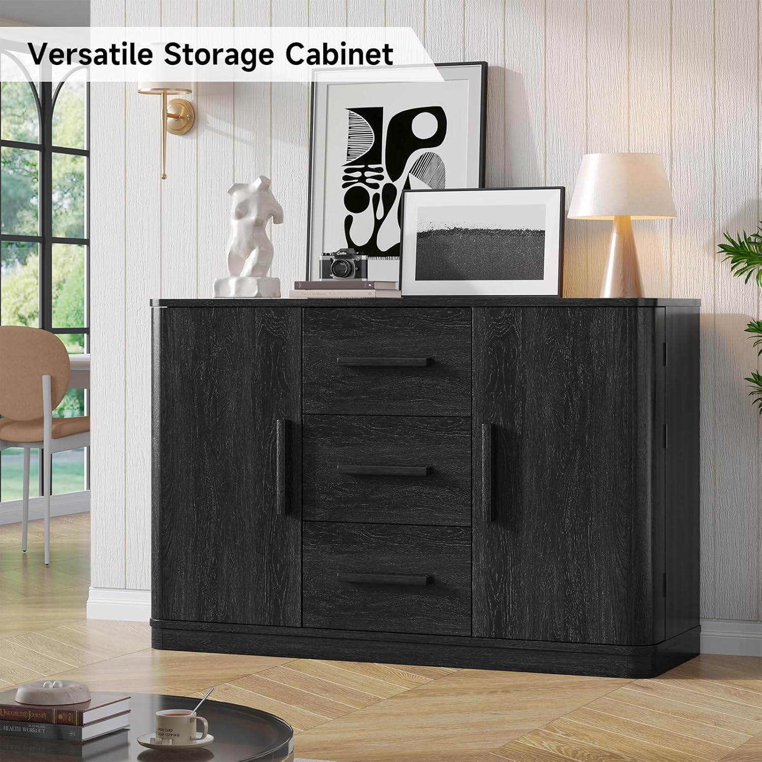 ONBRILL 47" Sideboard Buffet Cabinet with Storage and 3 Drawers, Large Buffet Cabinets with 2 Doors, Console Credenza, Modern Coffee Bar Table w/Adjustable Shelves for Dining Room, Living Room, Black