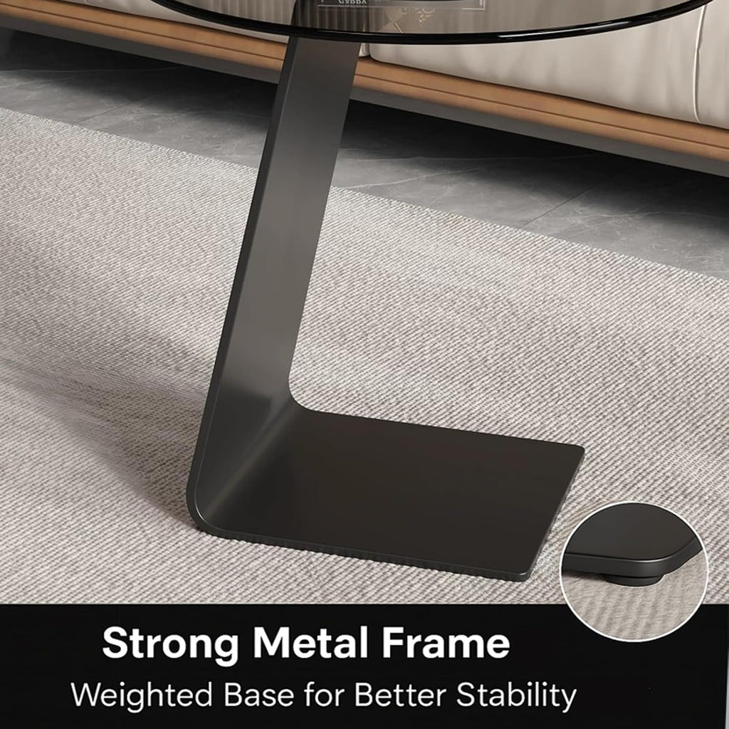 Modern C-Shaped End Table, Tempered Glass Tabletop Couch Side Table, Black Round C Table for Living Room, Bedroom, or Sofa Side – Stylish Accent Table (Grey)
