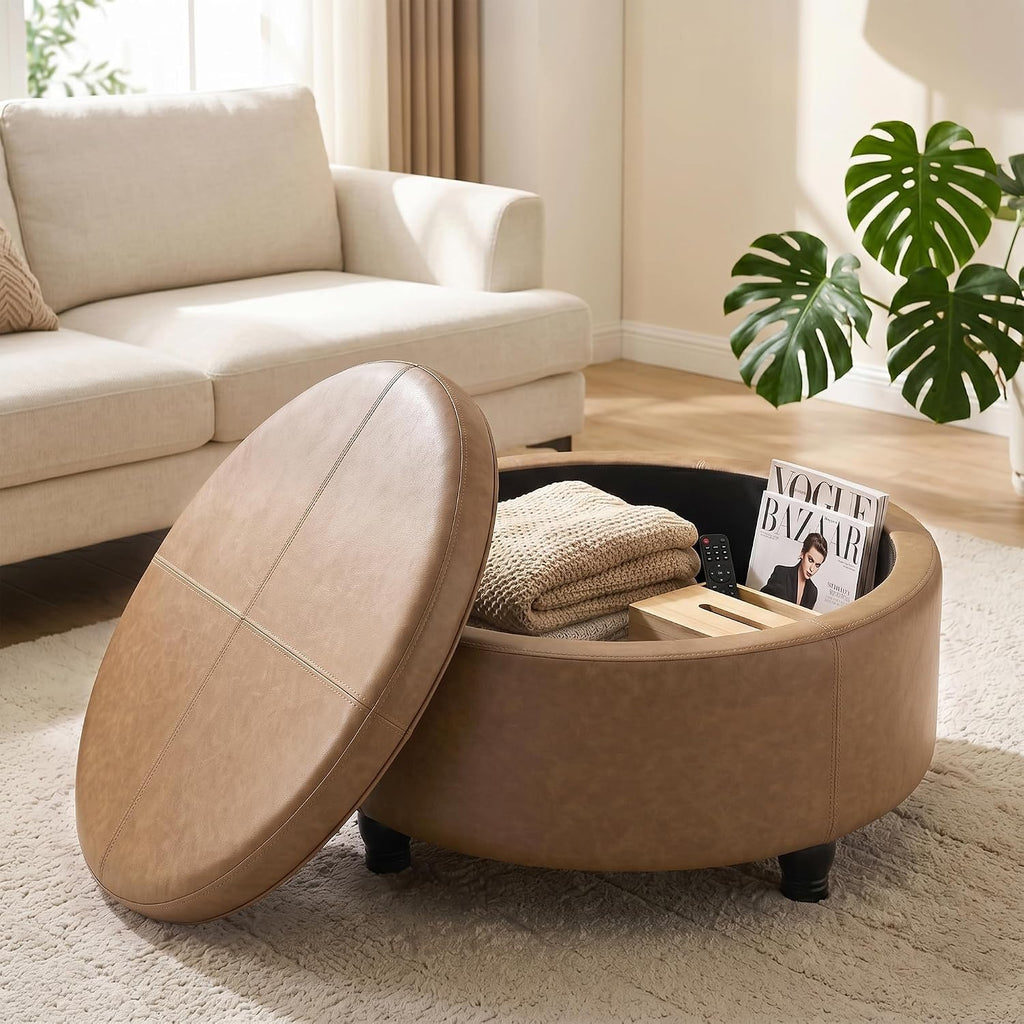 30-Inch Round Ottoman, Leather Ottoman with Storage (Light Brown | Modern Storage Ottoman with Removable Top for Living Room, Bedroom, Office