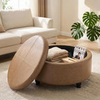 30-Inch Round Ottoman, Leather Ottoman with Storage (Light Brown | Modern Storage Ottoman with Removable Top for Living Room, Bedroom, Office