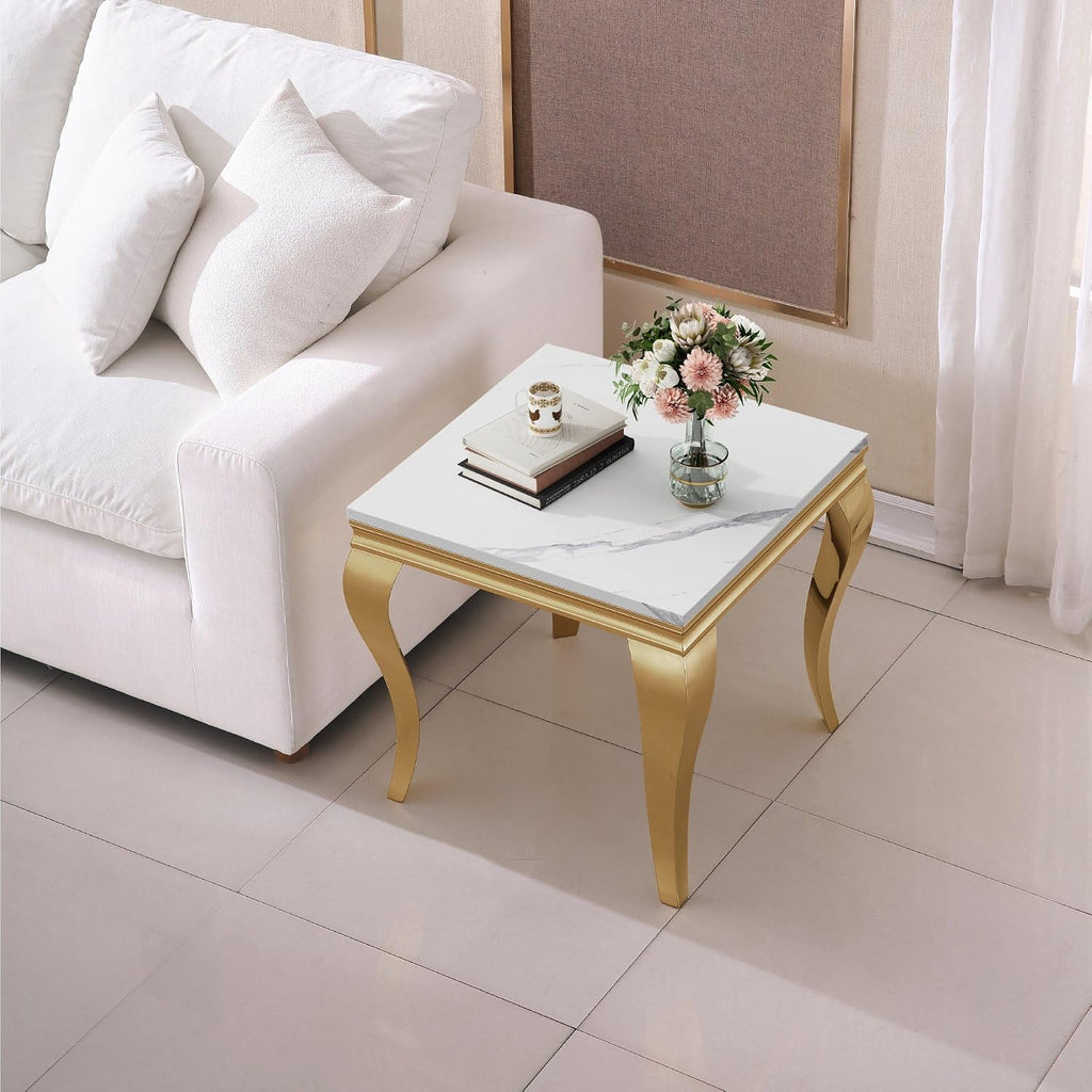 Luxury Marble Side Table, Square End Table with Faux Marble Tabletop & Gold Stainless Steel S Legs, Modern Sofa Side Table for Living Room, Bedroom, Home Decor