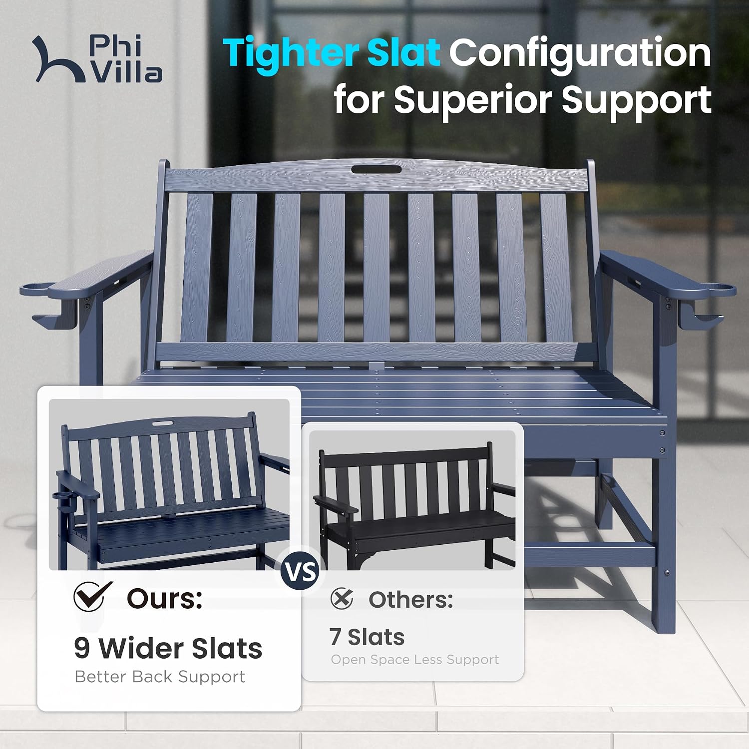 PHI VILLA 50 Inches HDPE Outdoor Bench Weatherproof Garden Bench with 700 lbs Capacity, 2-Person Patio Benches for Outside, Park, Yard and Porch, Navy Blue