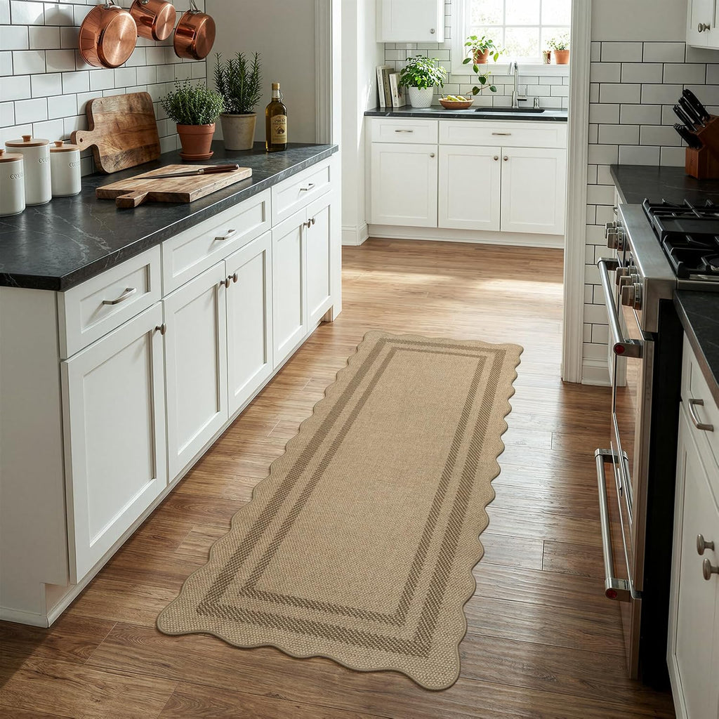 LIVEBOX Scalloped Easy Jute 2x5 Runner Kitchen Rug, Washable Non Slip Tan Rugs for Entryway Hallway, Indoor Outdoor Rug Geometric Farmhouse Carpet Door Mat Runners for Porch Bedroom Laundry Room