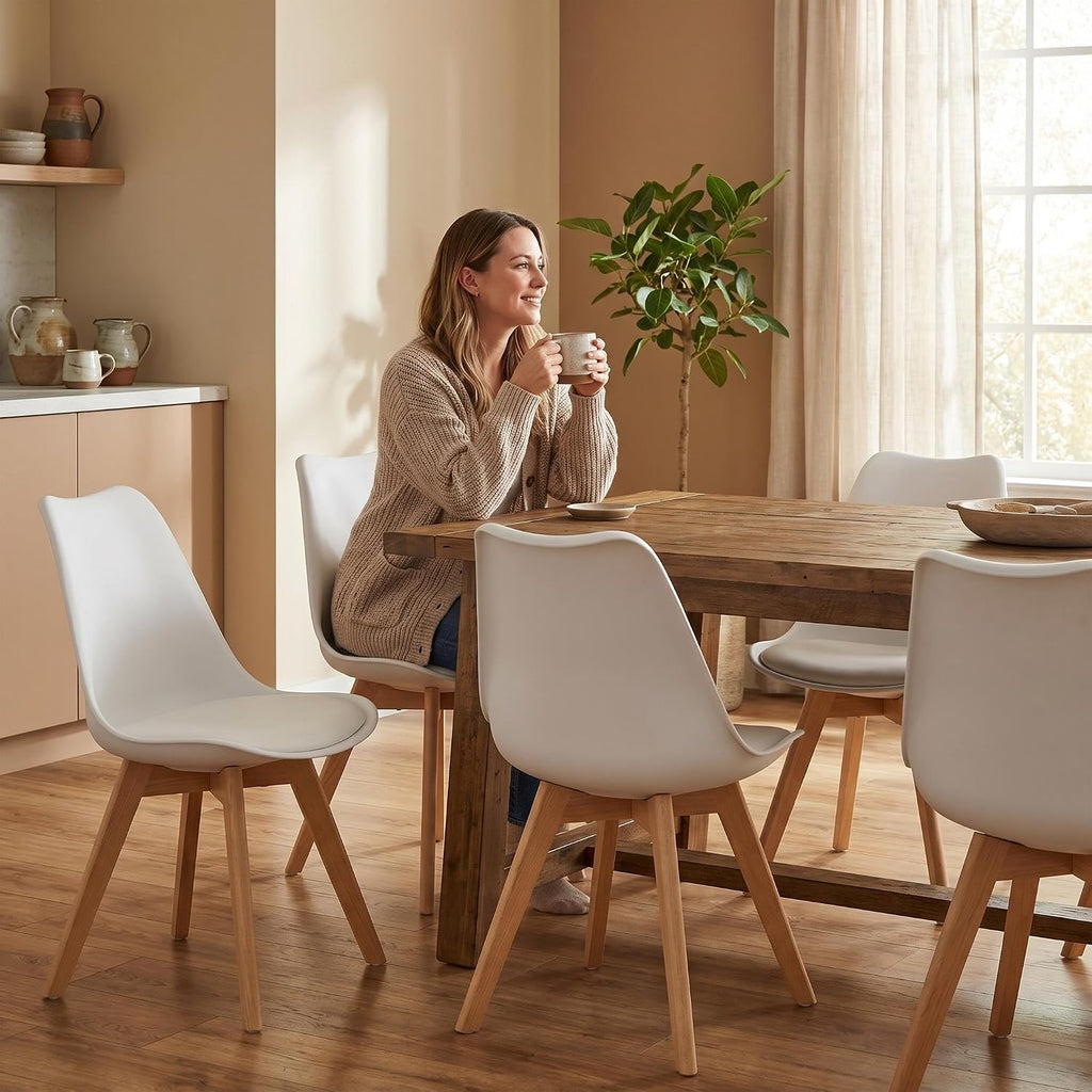 SHGJ&SOFT Modern Dining Chair Set of 4, PU Leather Kitchen Chair with high Back, Tulip Chair with Solid Wood Legs with Cushion and Back Cushion for Living Room Bedroom Dining Room (White, 4 PC)