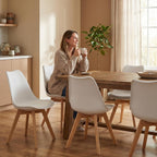 SHGJ&SOFT Modern Dining Chair Set of 4, PU Leather Kitchen Chair with high Back, Tulip Chair with Solid Wood Legs with Cushion and Back Cushion for Living Room Bedroom Dining Room (White, 4 PC)