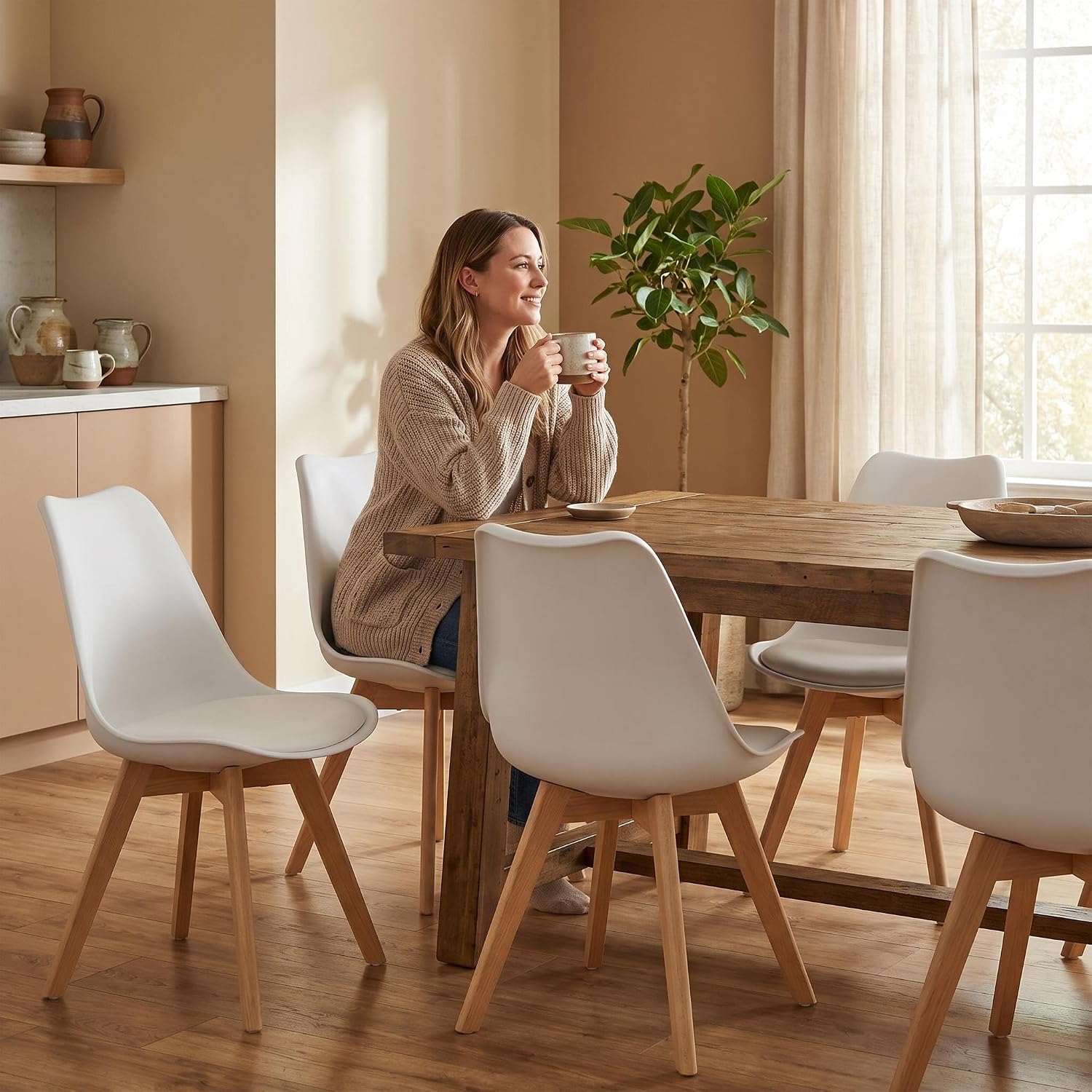 SHGJ&SOFT Modern Dining Chair Set of 4, PU Leather Kitchen Chair with high Back, Tulip Chair with Solid Wood Legs with Cushion and Back Cushion for Living Room Bedroom Dining Room (White, 4 PC)