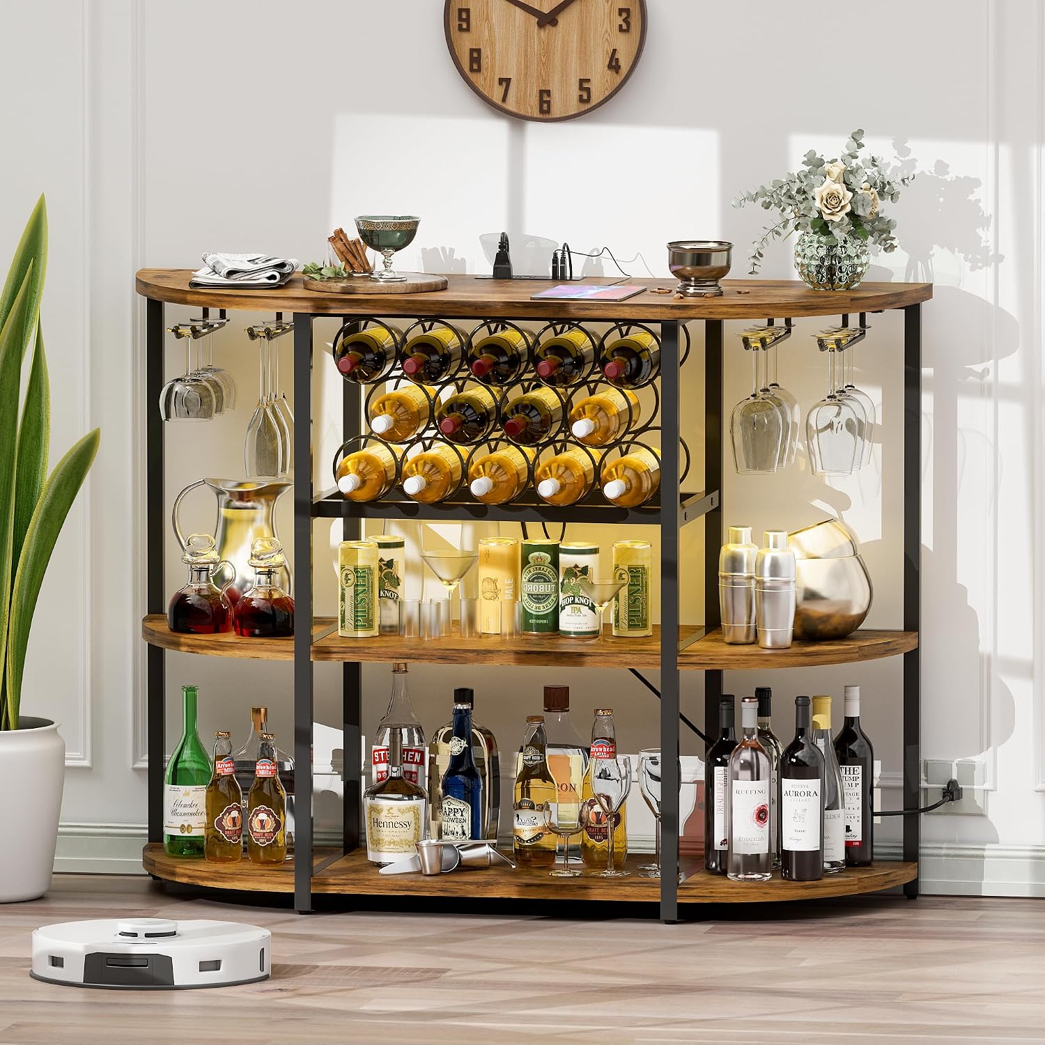 Furmax Wine Bar Cabinet for Liquor Bar Table Bar Cabinet with Lights and Outlet 4-Tier Storage Freestanding Wine Racks with Glass Holder Mini Bars for Home, Bar