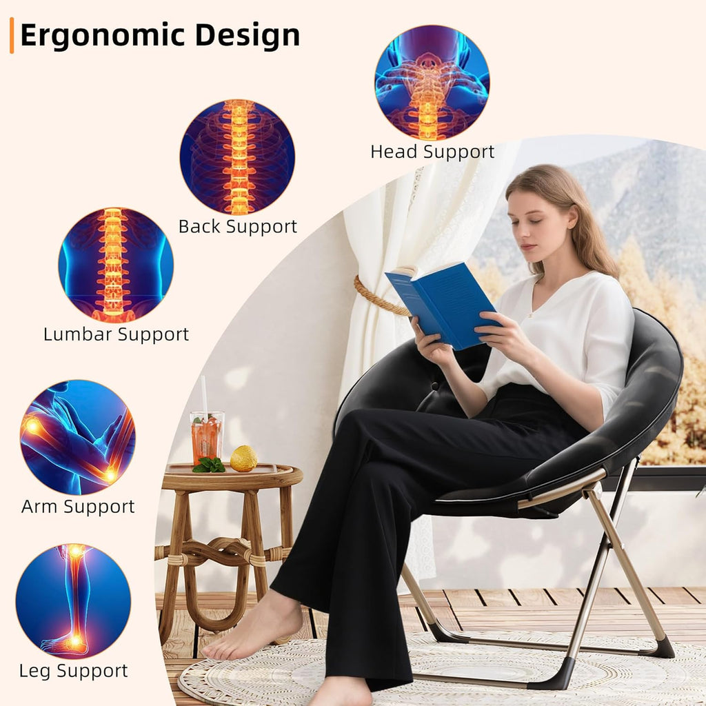 IDEALHOUSE Comfy Folding Padded Saucer Chair, Folding Circle Chair with Metal Frame, Soft Moon Chair for Bedroom, Dorm Rooms, Apartments, Lounging, Garden and Courtyard, Black