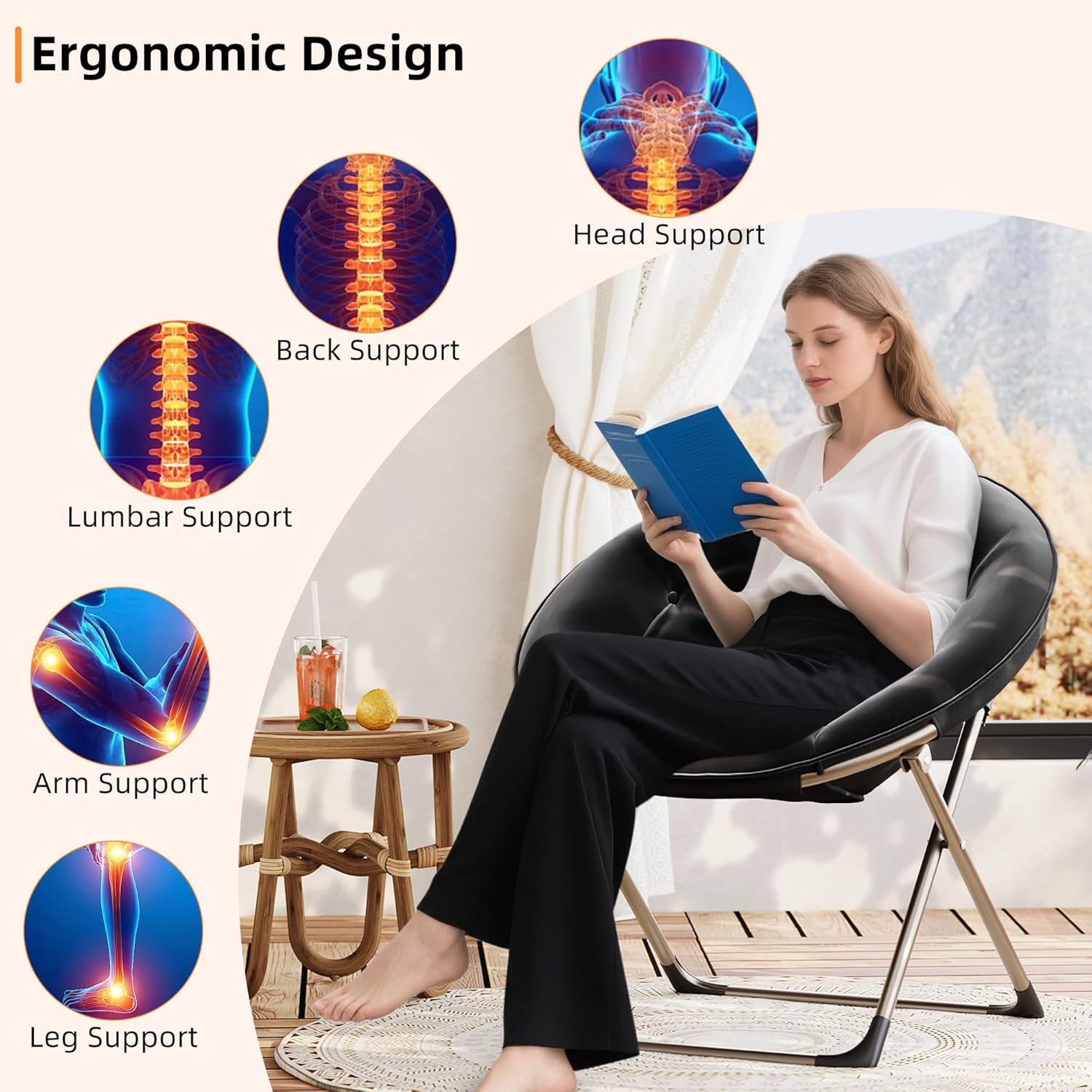 IDEALHOUSE Comfy Folding Padded Saucer Chair, Folding Circle Chair with Metal Frame, Soft Moon Chair for Bedroom, Dorm Rooms, Apartments, Lounging, Garden and Courtyard, Black