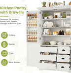 Merax 72" Tall Shaker Style Kitchen Pantry with 3 Drawers, Adjustable Shelves, Wood Cupboard Dining Storage Cabinet with Door Shelves and Pull-Out Trays for Living Room, Kitchen, Dining Room White