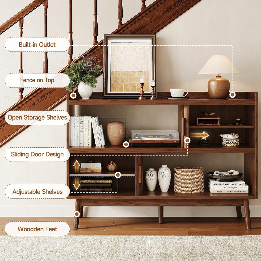 ONBRILL 51.2" Sideboard Buffet Cabinet with Outlet & 2Open Storage Spaces, Fluted Sideboard Cabinet with Sliding Door & Adjustable Shelves, Mid-Century Accent Coffee Bar Console Table with Wooden Feet