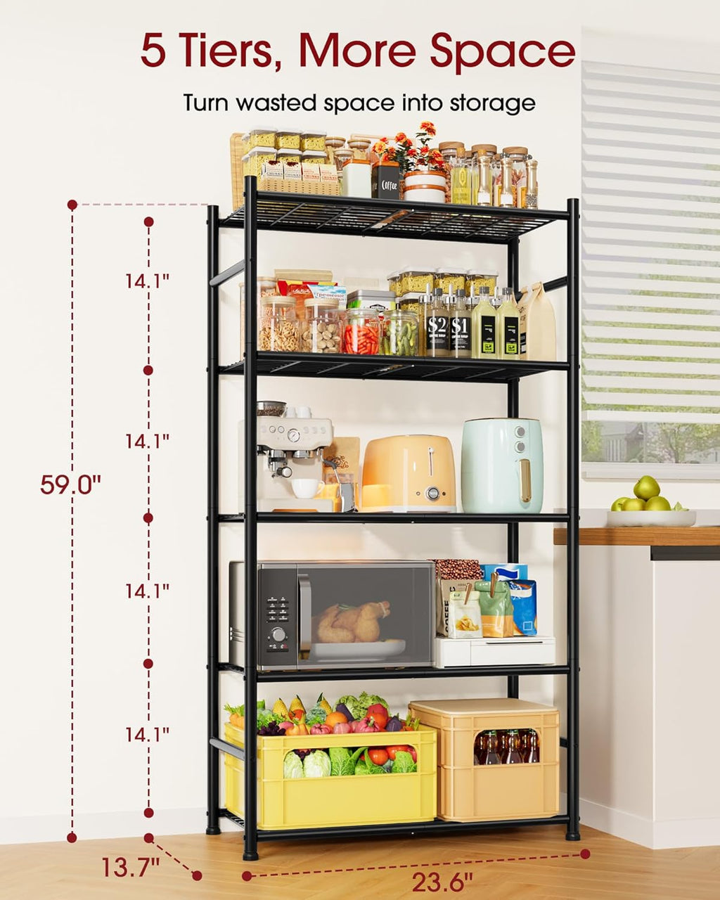 Sakugi Storage Shelves - 5-Tier Metal Storage Shelves with Wall Anchoring Kit & Leveling Feet, Sturdy Steel Shelf Organizer for Kitchen, Laundry Room, Bathroom, 23.6" x 13.7" x 59", Black