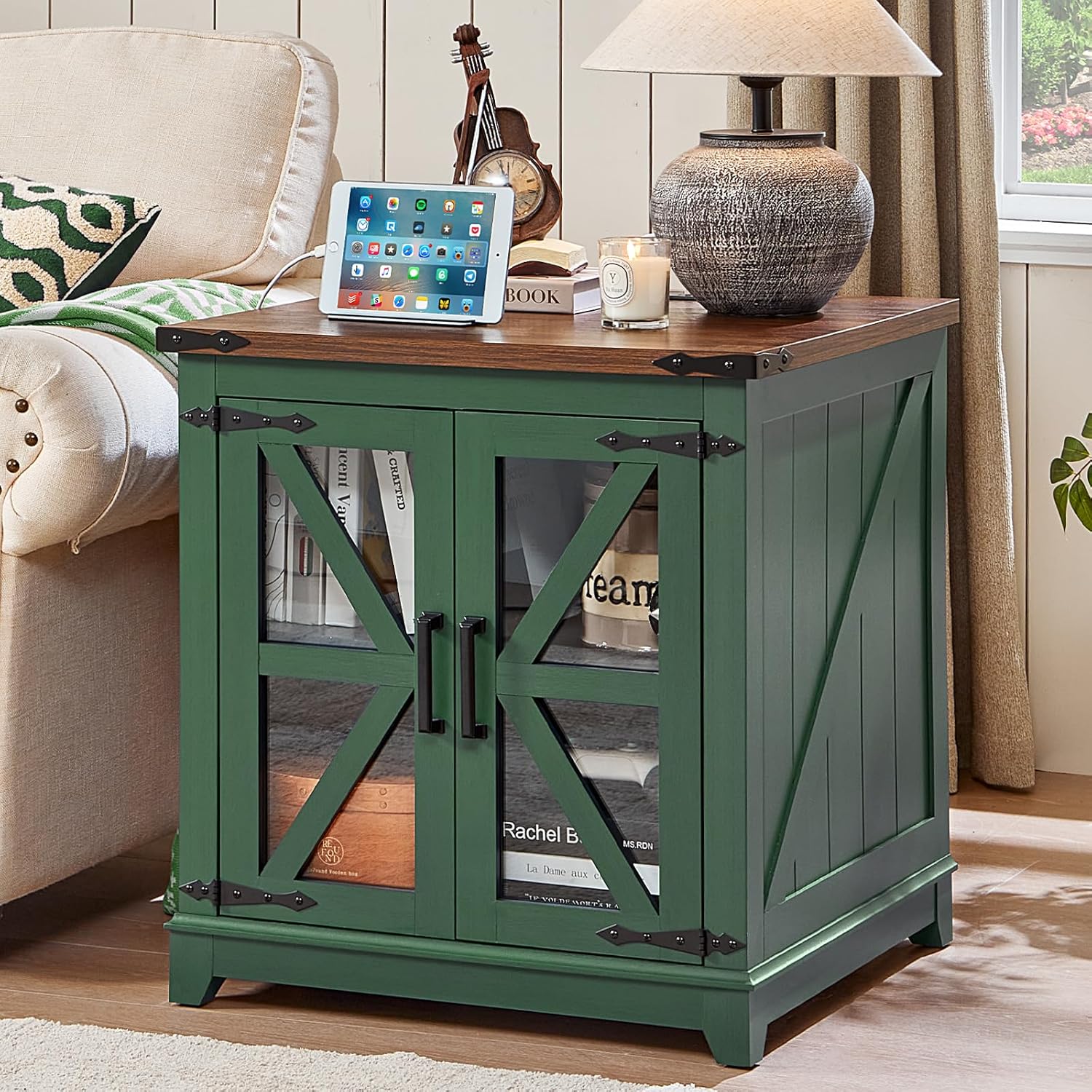 Joaxswe Farmhouse End Table, 24" Large Sofa Side Table with Charging Station Glass Barn Door, Wood Nightstand with Adjustable Storage Shelf, Square Bedside Table for Living Room, Bedroom, Office-Green