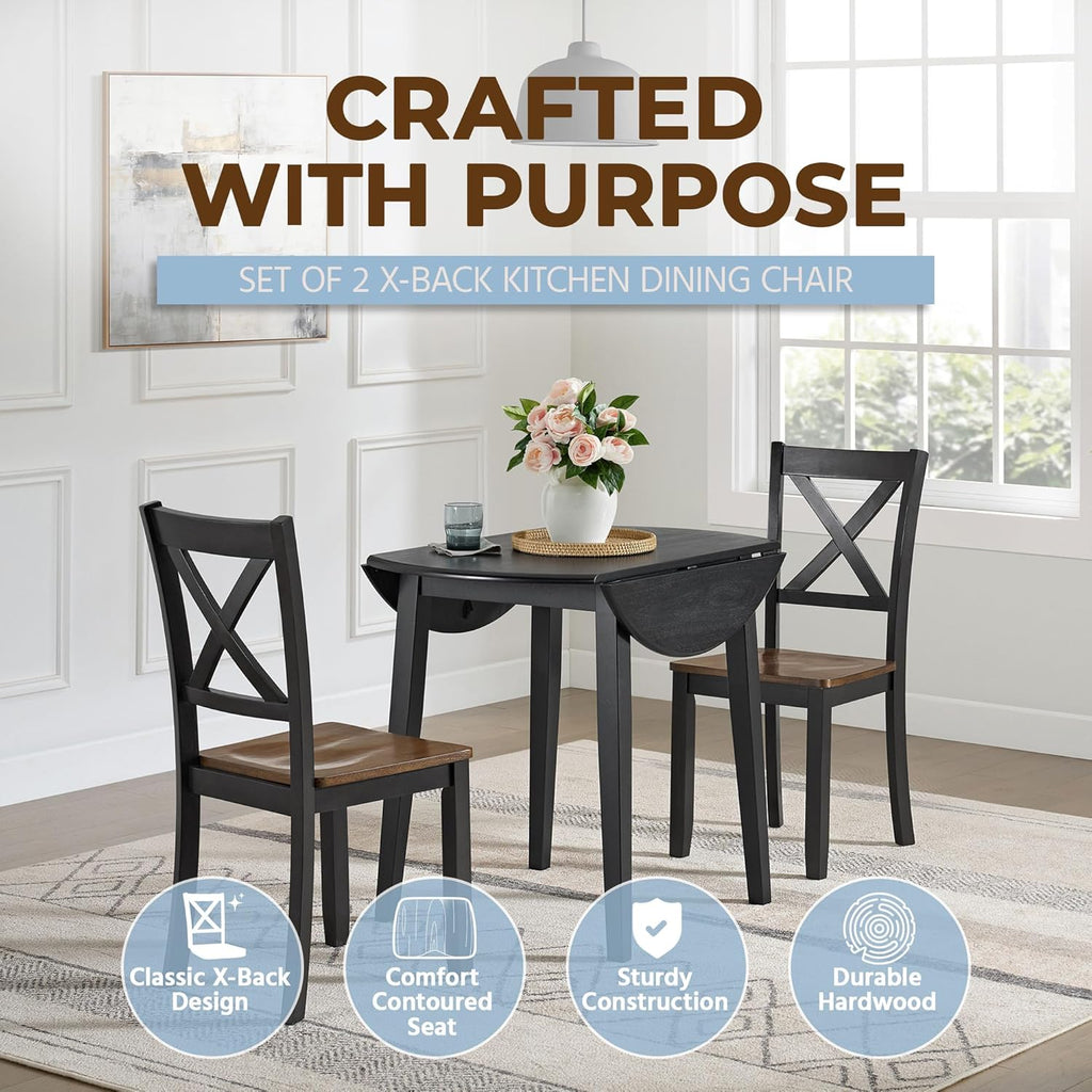 ROME + OAK X-Back Farmhouse Wooden Armless Dining Chairs in Black/Dark Brown, Set of 4 - Indoor Home Kitchen Seating Furniture