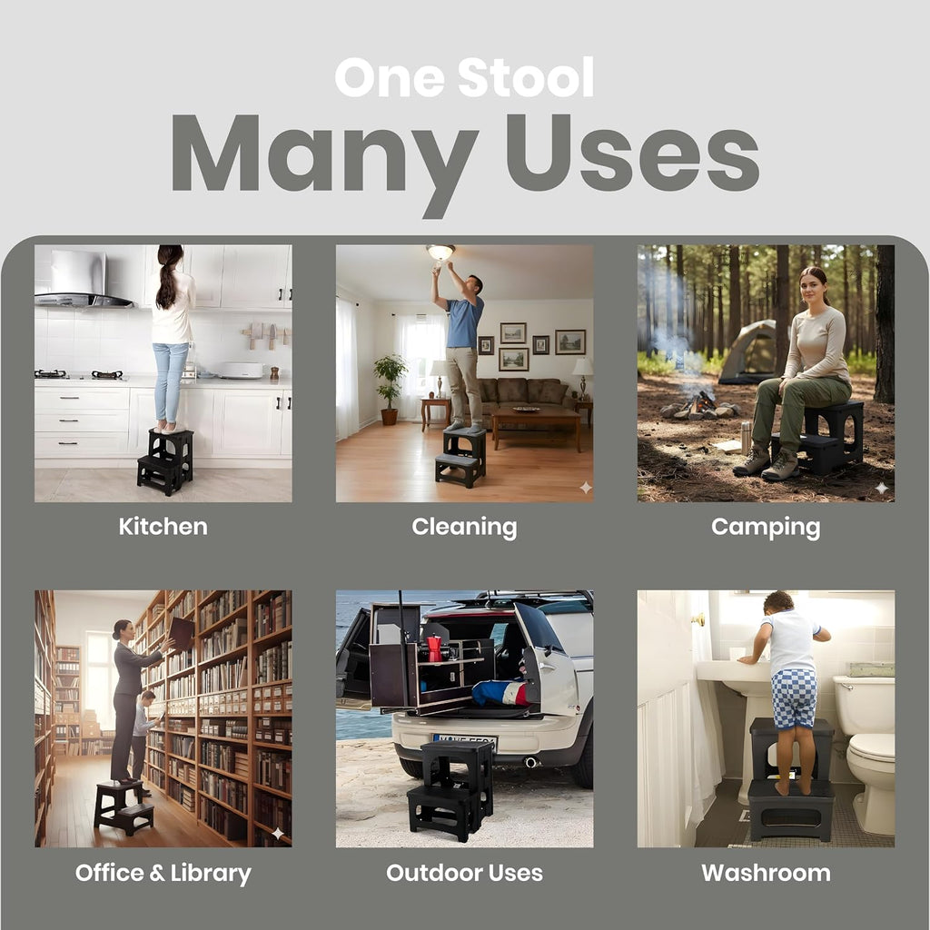 2 Step Folding Stool Non Slip Foldable Step Stool 8 and 17 Inch Dual Height330 lb Capacity Portable Foot Stool for Kitchen Bathroom Black