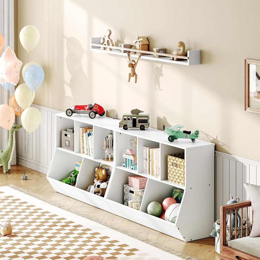 HOOBRO Kids Bookshelf, Bookcase Footboard, Toy Storage Cubby, Children's Toy Shelf, 35.4" L Storage Cabinet, Fit for Children's Room, Playroom, Hallway, Kindergarten, White WT32CW01