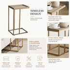 Farmhouse C Shaped End Table with Distressed Wood & Metal Woven Tray Top, Modern Slim Snack Side Table with Metal Base, Gold