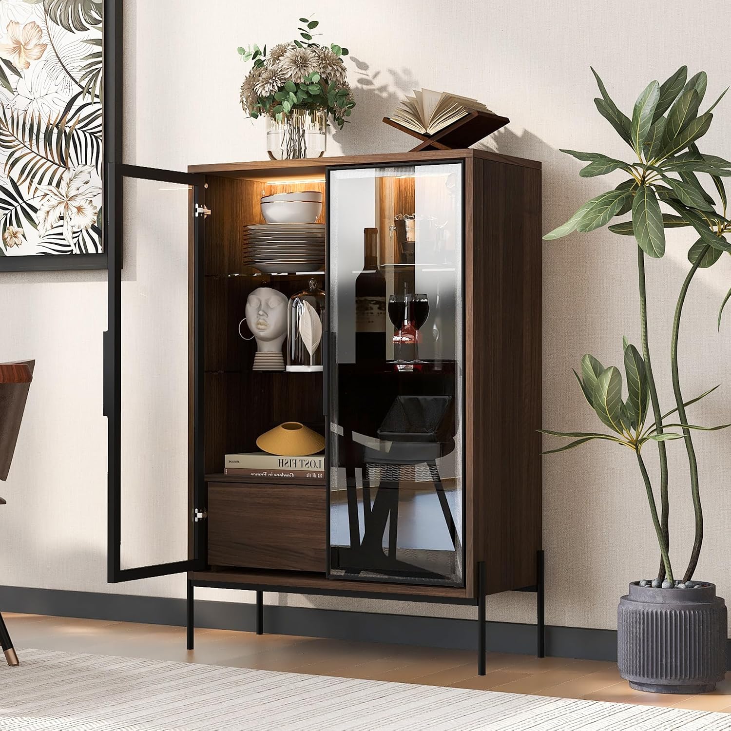 roomfitters 51.2'' Display Cabinet with Glass Doors, Pantry Storage Cabinet with Shelves for Living Room and Kitchen, Walnut