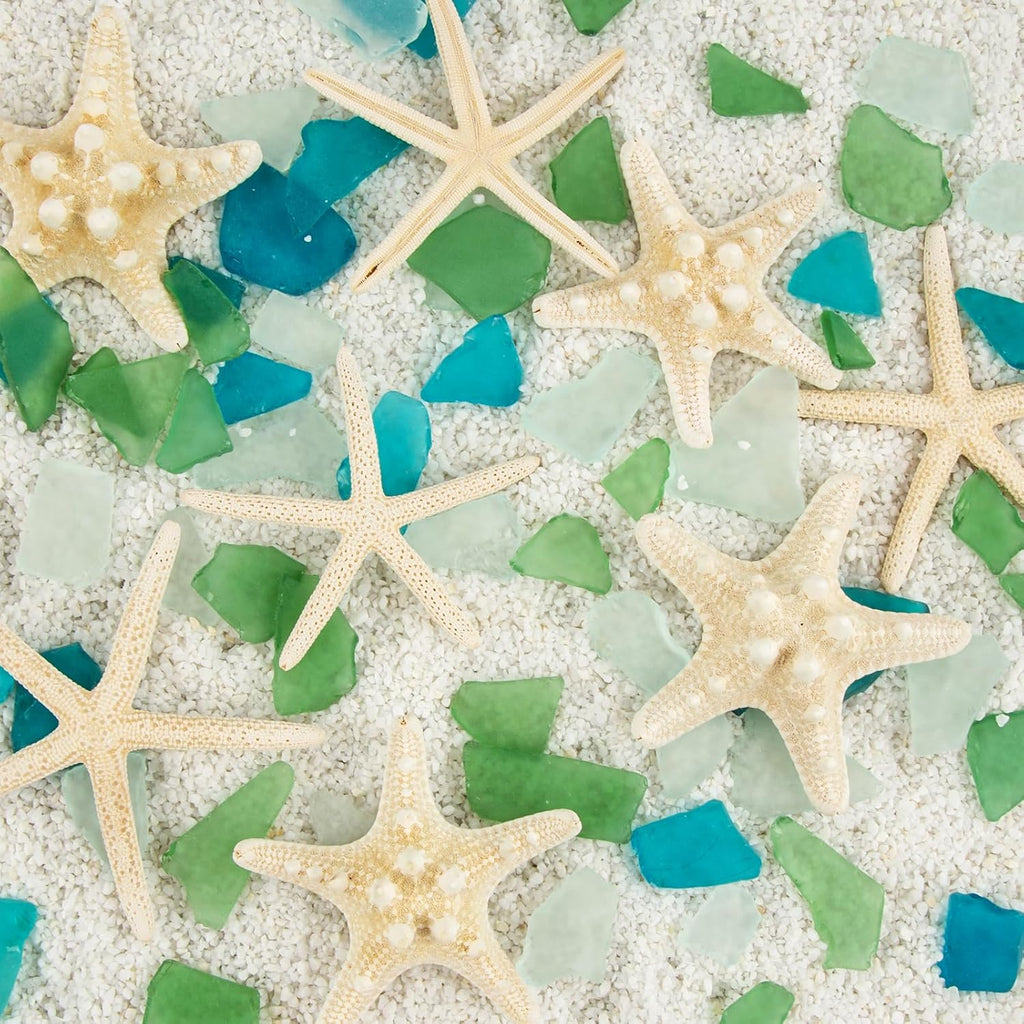 JQAQJU 8PCS Starfish & 9OZ Green Sea Glass Decor for Crafts, Frosted Seaglass Pieces & Starfish, Beach Glass for Crafts Wedding DIY Crafting Ornaments Christmas