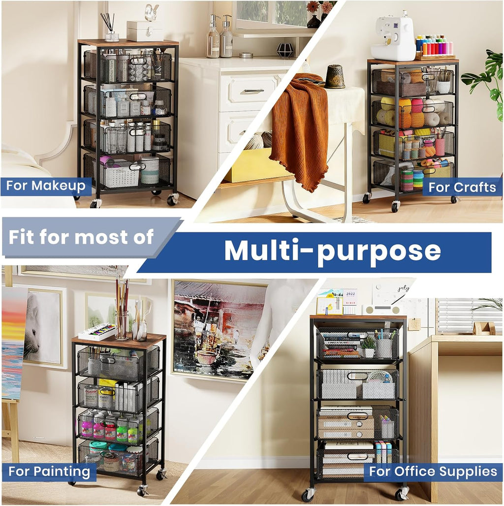 Goovilla Kitchen Cart with Drawers, 4 Tier Metal Rolling Utility Cart Organizer on Lockable Wheels with Wooden Top, Black Fruit Vegetable Storage Rack Also for Cans, Snack, Craft, Art, Office, Beauty