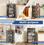 Goovilla Kitchen Cart with Drawers, 4 Tier Metal Rolling Utility Cart Organizer on Lockable Wheels with Wooden Top, Black Fruit Vegetable Storage Rack Also for Cans, Snack, Craft, Art, Office, Beauty