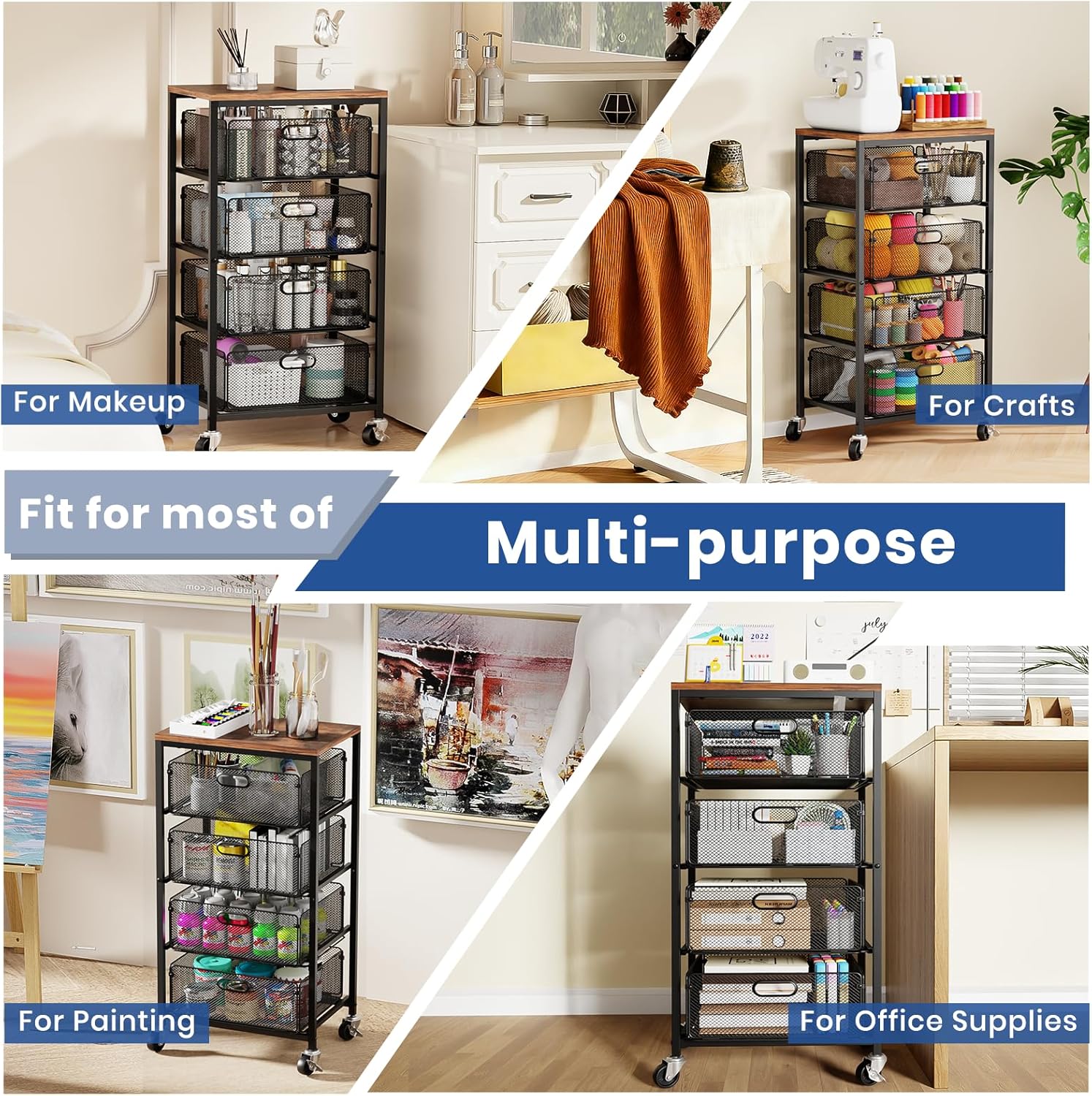 Goovilla Kitchen Cart with Drawers, 4 Tier Metal Rolling Utility Cart Organizer on Lockable Wheels with Wooden Top, Black Fruit Vegetable Storage Rack Also for Cans, Snack, Craft, Art, Office, Beauty
