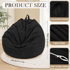 6 Pcs Bean Bag Chair Cover (No Filler) Washable Beanbag Chair Cover Stuffed Animal Storage Soft Corduroy Stuffable for Adults Pets Organizing Plush Toys Textile (Black,XL)