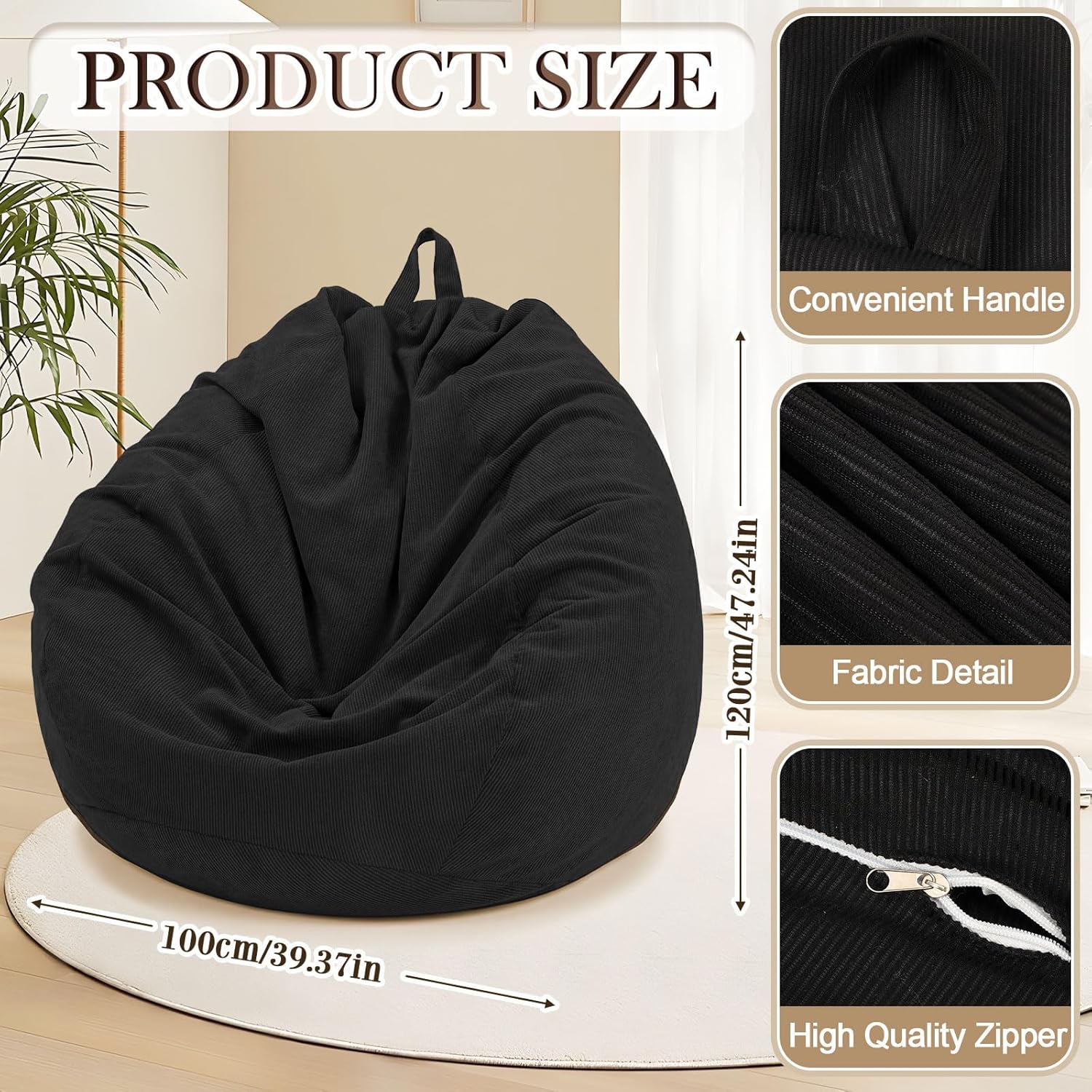 6 Pcs Bean Bag Chair Cover (No Filler) Washable Beanbag Chair Cover Stuffed Animal Storage Soft Corduroy Stuffable for Adults Pets Organizing Plush Toys Textile (Black,XL)