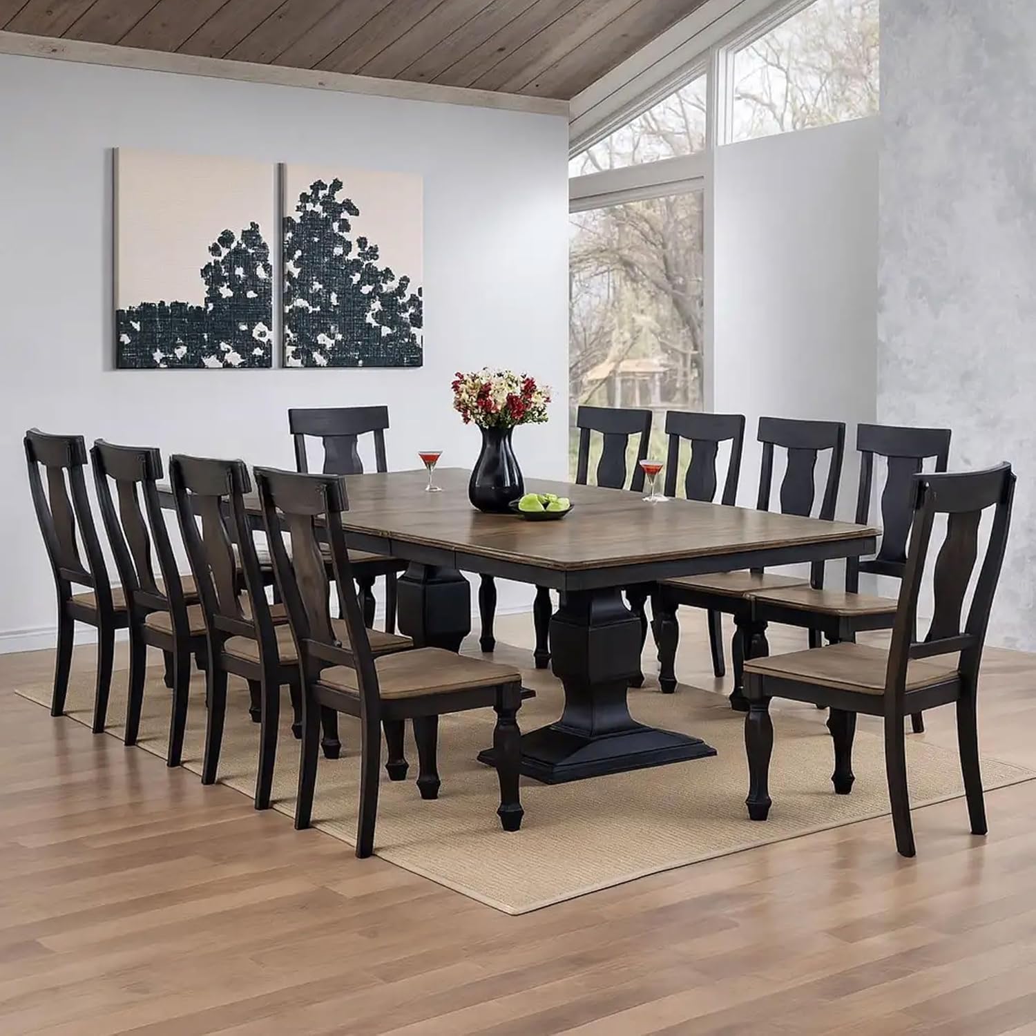 Kings Brand Furniture Alleyton 11-Piece Dining Table Set for 10, Extendable Kitchen & Dining Room Set with 2 Butterfly Leaves & 10 Chairs, Charcoal & Oak Finish