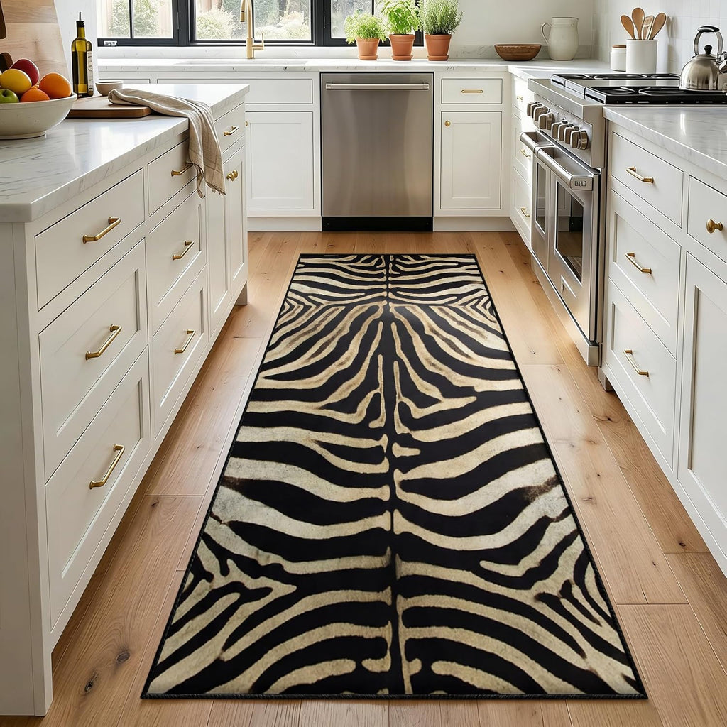 Zebra Print Runner Rug 2x6ft Vintage Animal Print Rug Runners, Bohemian Zebra Striped Runner Rugs Washable Non-Slip Carpet for Hallways Entryway Kitchen Modern Home Decor