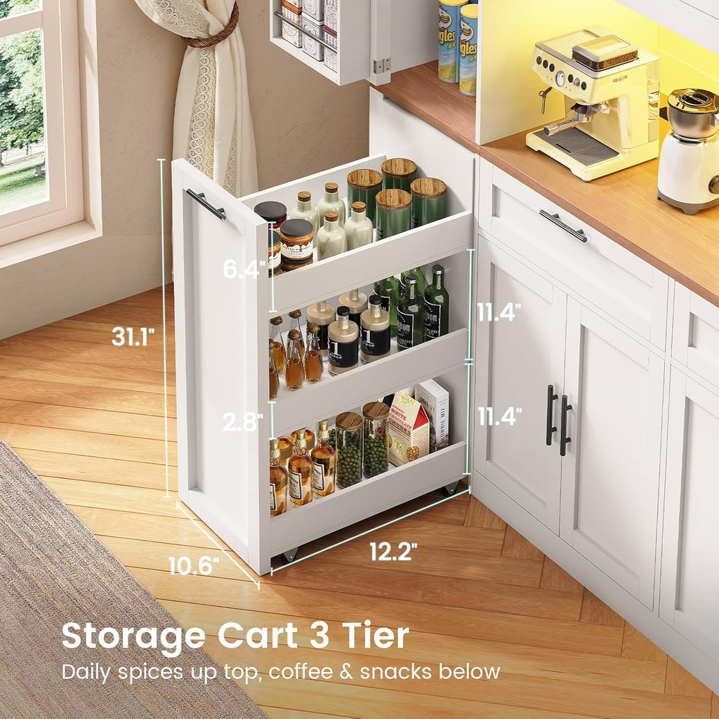 Itaar 71" Kitchen Pantry Cabinet with Charging Station and Led Light, Kitchen Storage Cabinets with Microwave Stand, 59" Wide Pantry Storage Cabinet with Storage Cart 3 Tier for Dining Room, White