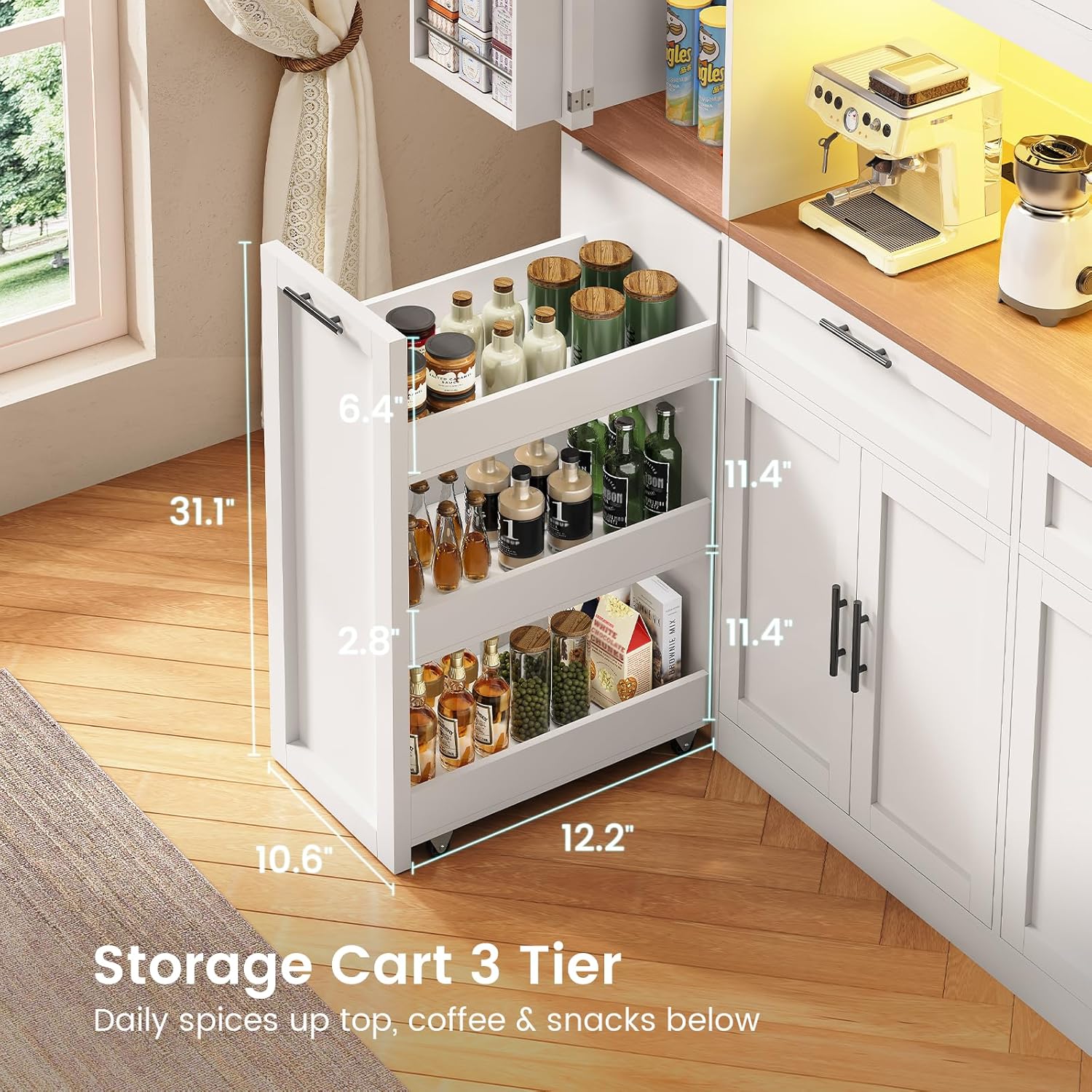 Itaar 71" Kitchen Pantry Cabinet with Charging Station and Led Light, Kitchen Storage Cabinets with Microwave Stand, 59" Wide Pantry Storage Cabinet with Storage Cart 3 Tier for Dining Room, White