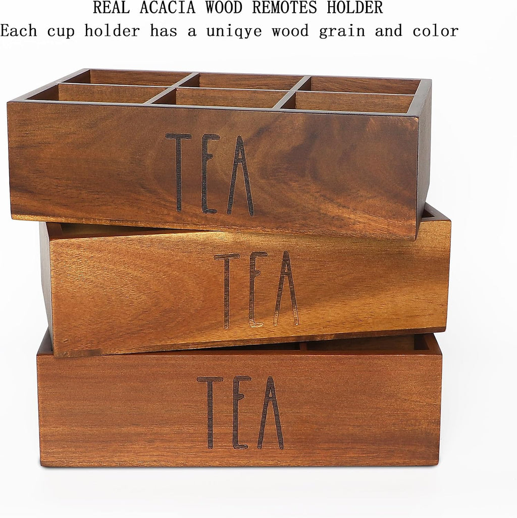 LBEMEY Tea Bag Organizer,Acacia Wood Tea Storage Containers with 6 Compartments, Sugar Packet Holder,Tea Bag Caddy Box for Cabinet Countertop Office (Brown- Labeled "TEA")