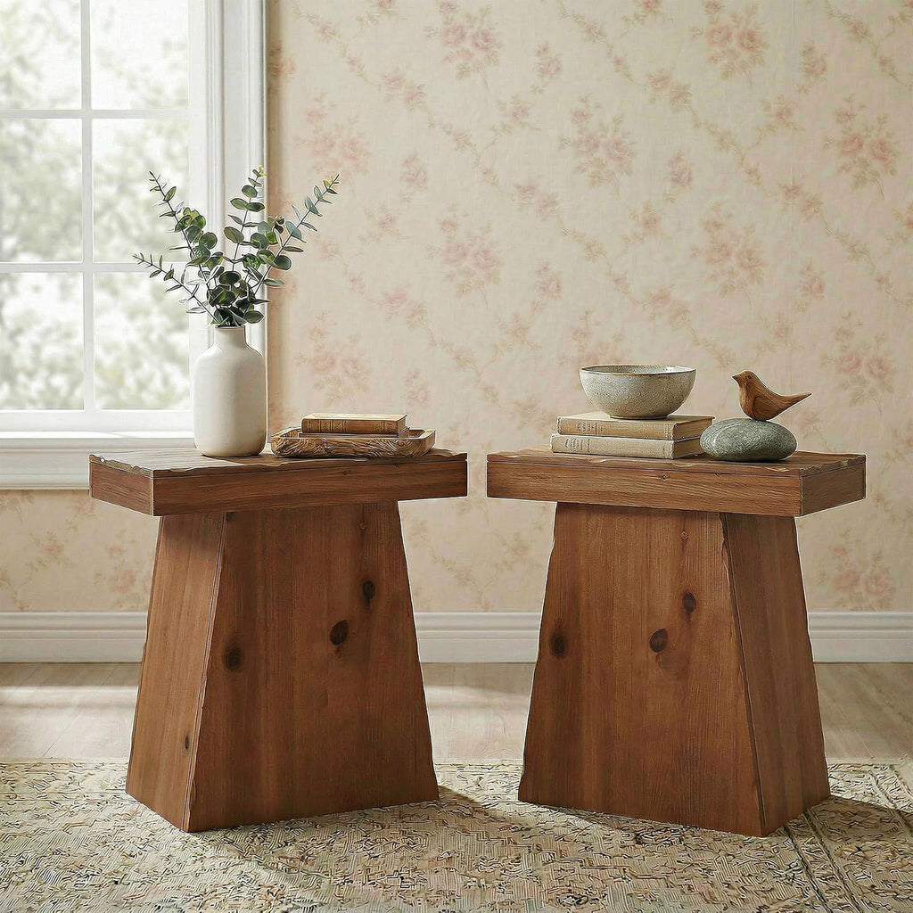 Solid End Table, 23.6" Wood Side Table with Trapezoid Base for Small Space, Living Room, Easy Assembly, Warm Walnut Brown