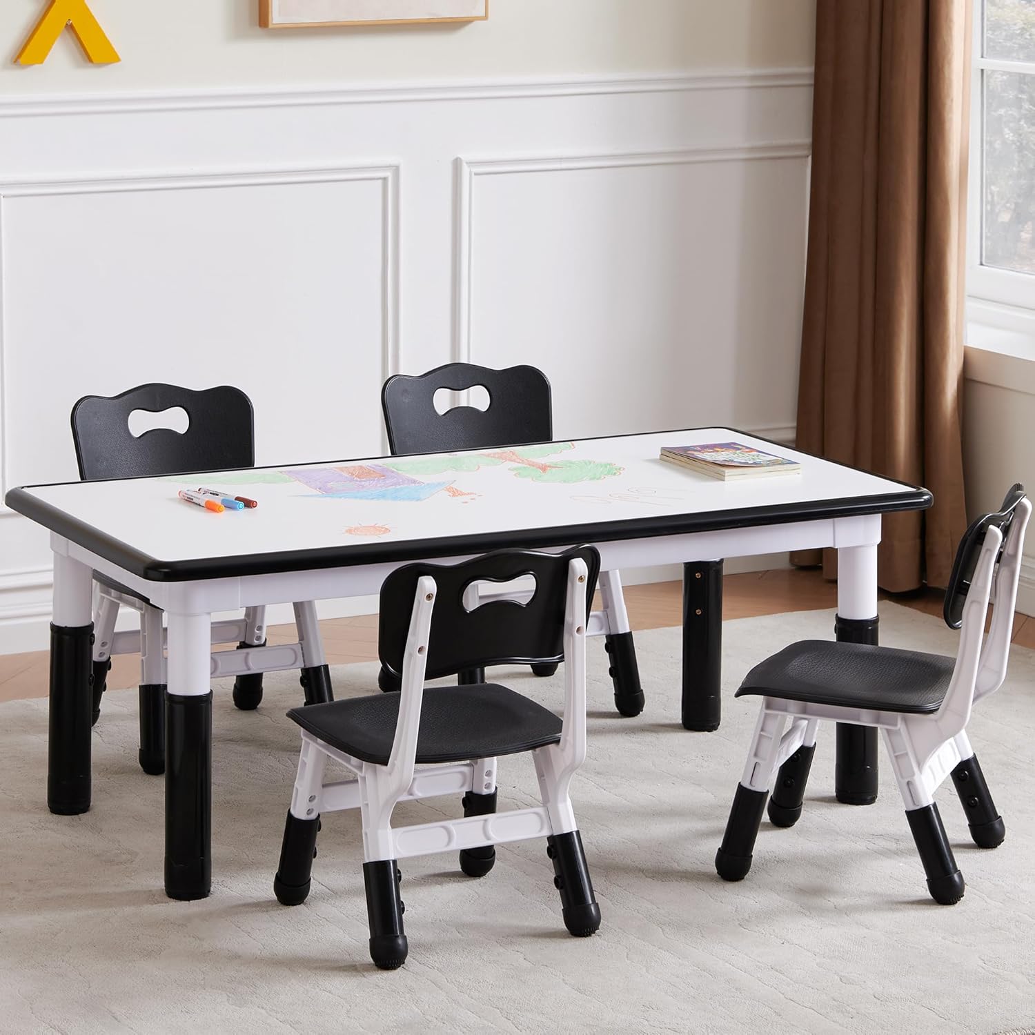 Kids Table and 4 Chairs Set, Height Adjustable Toddler Table and Chair Set, Toddler Desk with Graffiti Desktop & Non-Slip Legs, Children Activity Table for Daycare, Classroom (Black)
