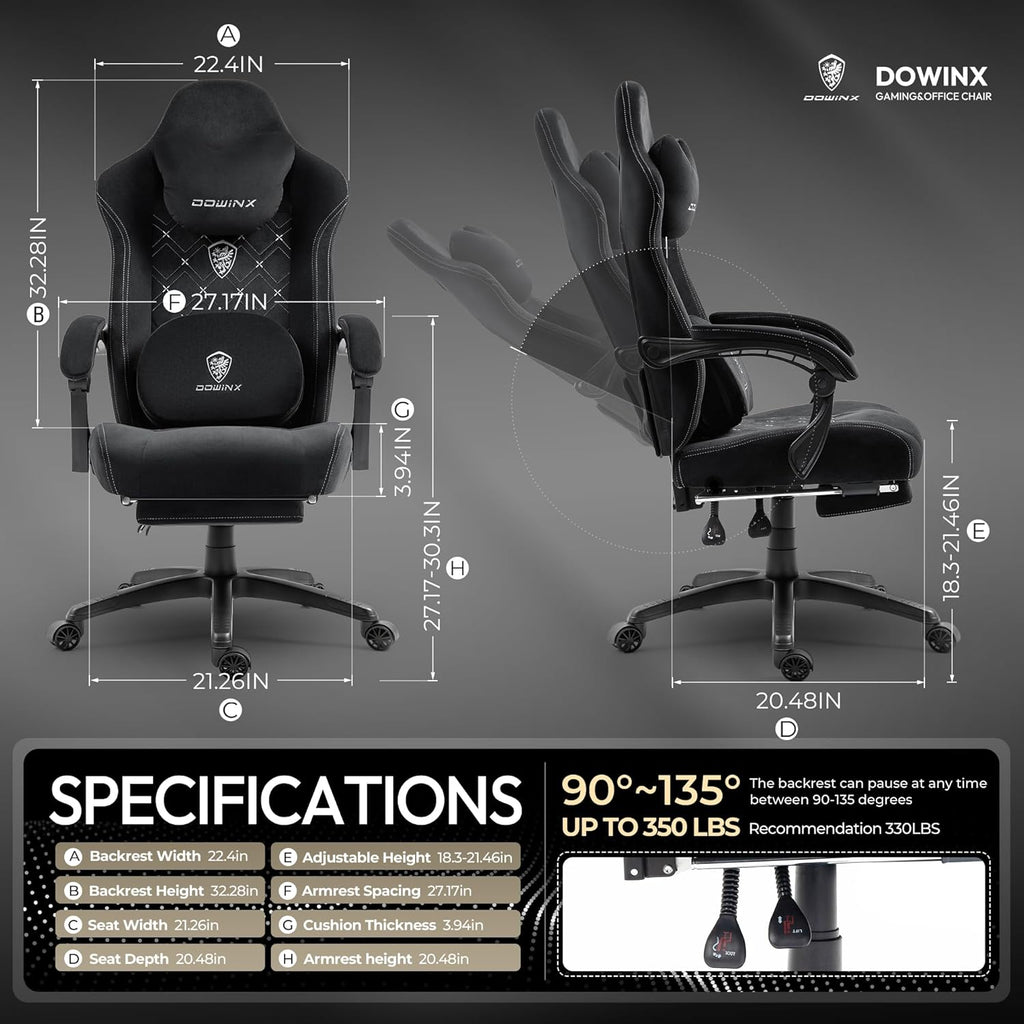 Dowinx Fabric Gaming Chair with Heated Massage Lumbar Support, Game Chairs for Adults, Big and Tall Gamer Chair with Pocket Spring Cushion, High Back PC Chairs with Footrest, Black