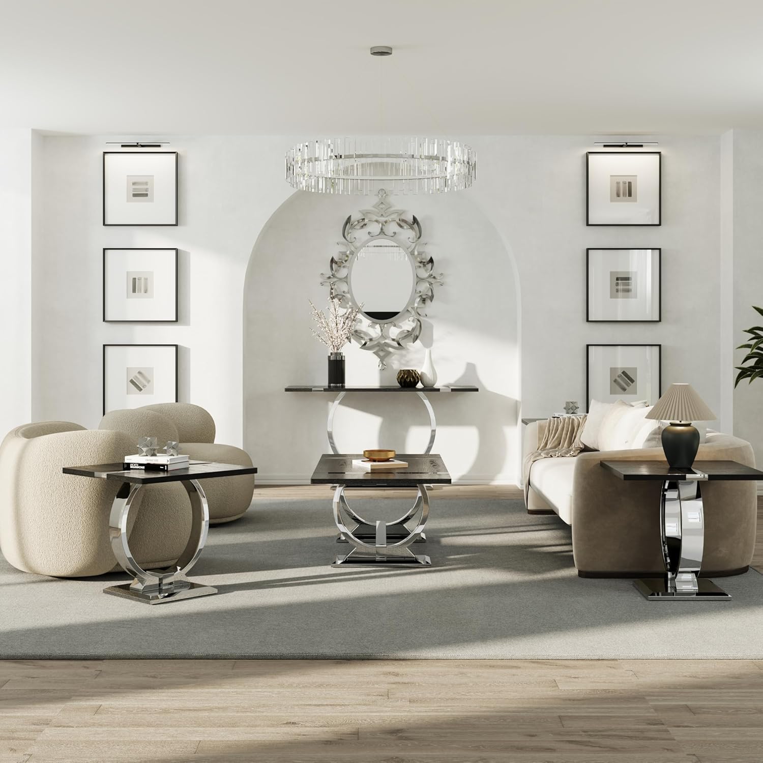 Asday Black End Table, Modern Wood Side Table, Silver End Table with U-Shaped Stainless Steel Base