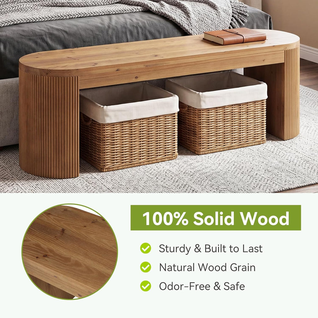 LITTLE TREE 55” Solid Wood Entryway Bench, Farmhouse Dining Bench with Fluted Legs & Half Round Curved Sides, Long Shoe Bench with Storage, Wooden End of Bed Bench for Bedroom, Dining Room
