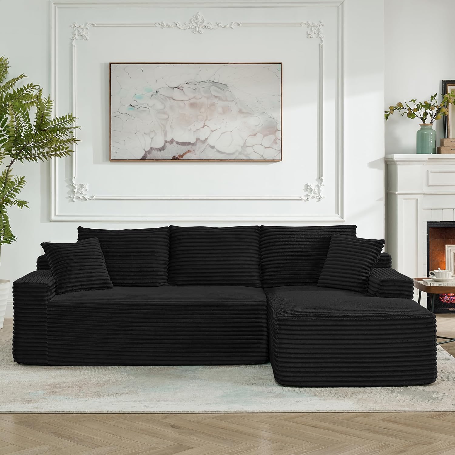 95" L-Shaped Cloud Sectional Couch, Right Facing Modular Compressed Boneless Sectional Sofa with Chaise Lounge, Plush Corduroy Boneless Corner Sofa for Living Room