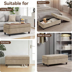 45 Inch Large Storage Ottoman Bench with Wooden Tray Coffee Table, Khaki Chenille Upholstered Foot Rest, Multifunctional Foot Stool Ottoman for Living Room, Bedroom & Entryway, Solid Wood Legs