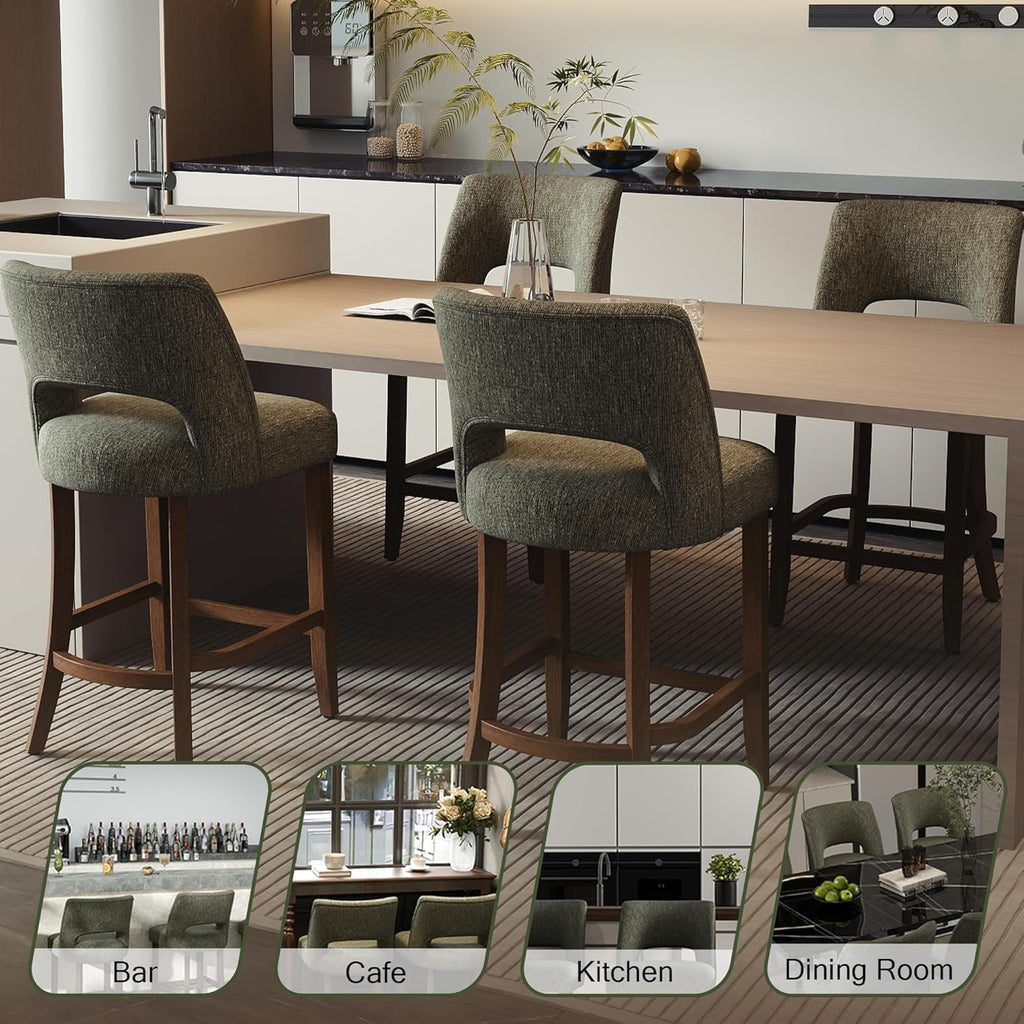 VKNOW Bar Stools Set of 2, 26" Fabric Counter Height Bar Stools, Green | Modern Upholstered Counter Stools with Rubberwood Legs for Kitchen Island Dining Room Bar