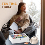 Tea Bag Organizer with Drawer - Bamboo Tea Box Organizer, 8-Compartment Tea Storage Box with Acrylic Lid and Magnetic Closure, Tea Box for Kitchen Counter, Gifts for Mom, Wife, Tea Lovers (White)