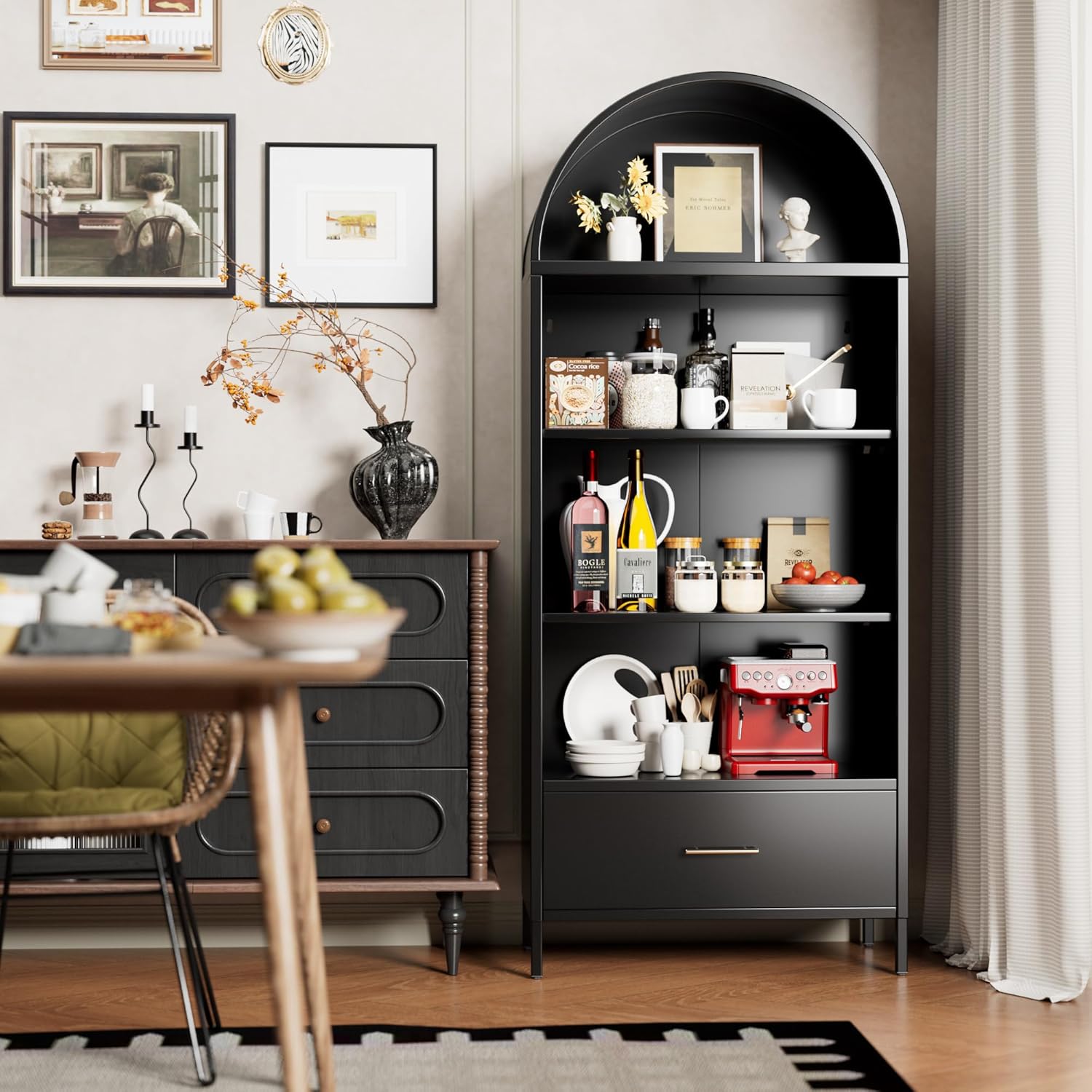 VEXPOR 73" Tall Arched Bookcase with Drawer, Metal Arched Cabinet with 2 Adjustable Shelves, Open Display Shelf for Home Office & Living Room, Heavy Duty Steel Storage Organizer