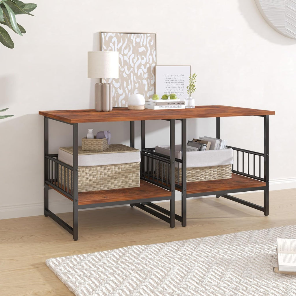 EazeHome End Table 24" for Living Room, Large Square Side Table with 2-Tier Storage, Rustic Brown Tall Industrial Night Stand for Bedroom, Rustic Brown