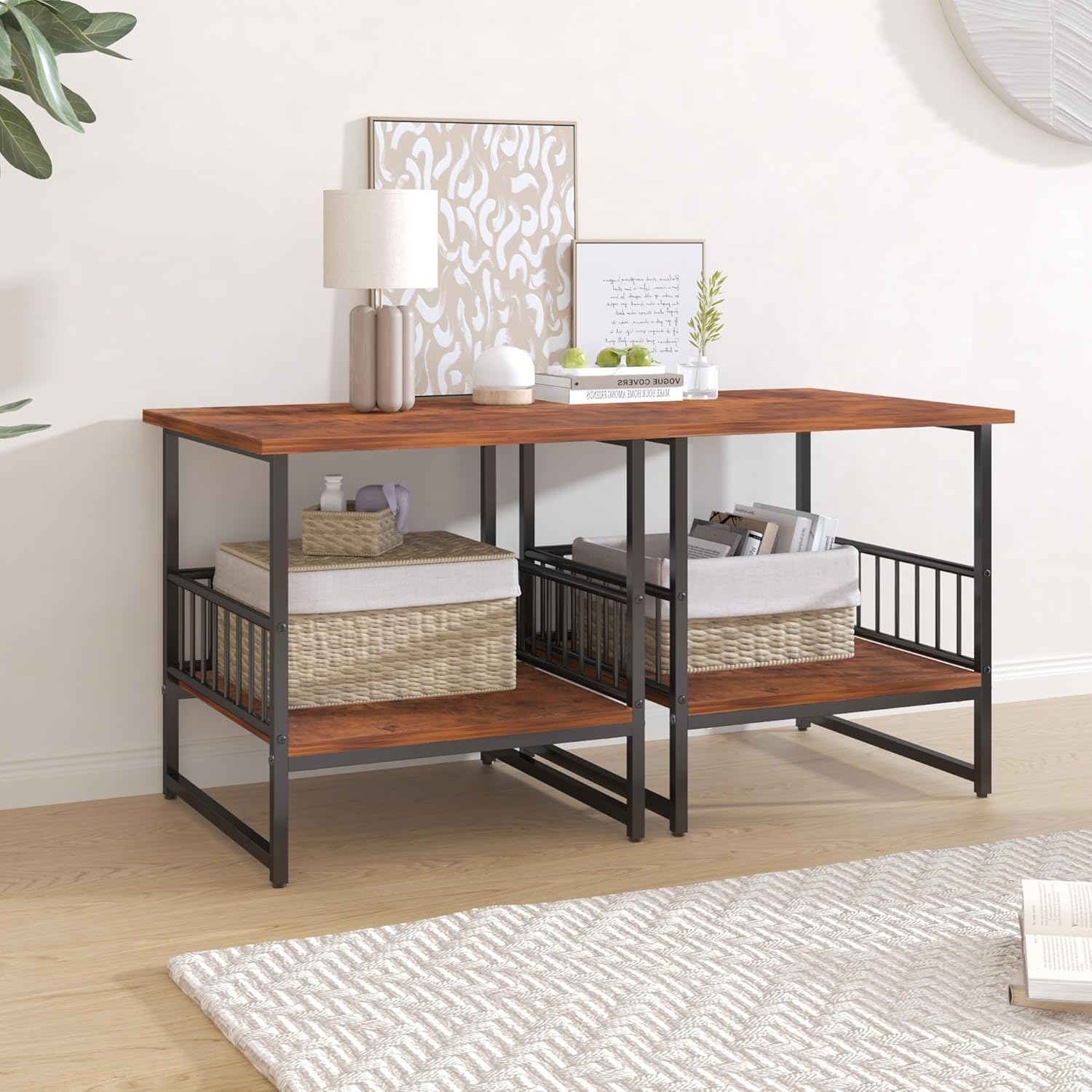 EazeHome End Table 24" for Living Room, Large Square Side Table with 2-Tier Storage, Rustic Brown Tall Industrial Night Stand for Bedroom, Rustic Brown
