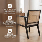 VESCASA Rattan Dining Chairs with Armrest, Padded Upholstered Linen Cream Cushion Dining Chairs with Wood Legs for Dining Room, Kitchen, Set of 2, Black Frame