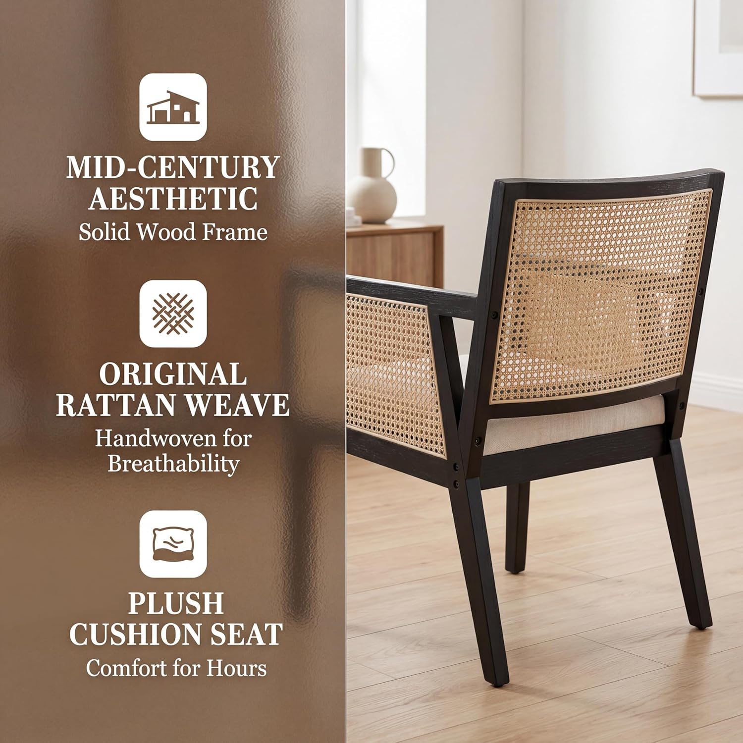 VESCASA Rattan Dining Chairs with Armrest, Padded Upholstered Linen Cream Cushion Dining Chairs with Wood Legs for Dining Room, Kitchen, Set of 2, Black Frame