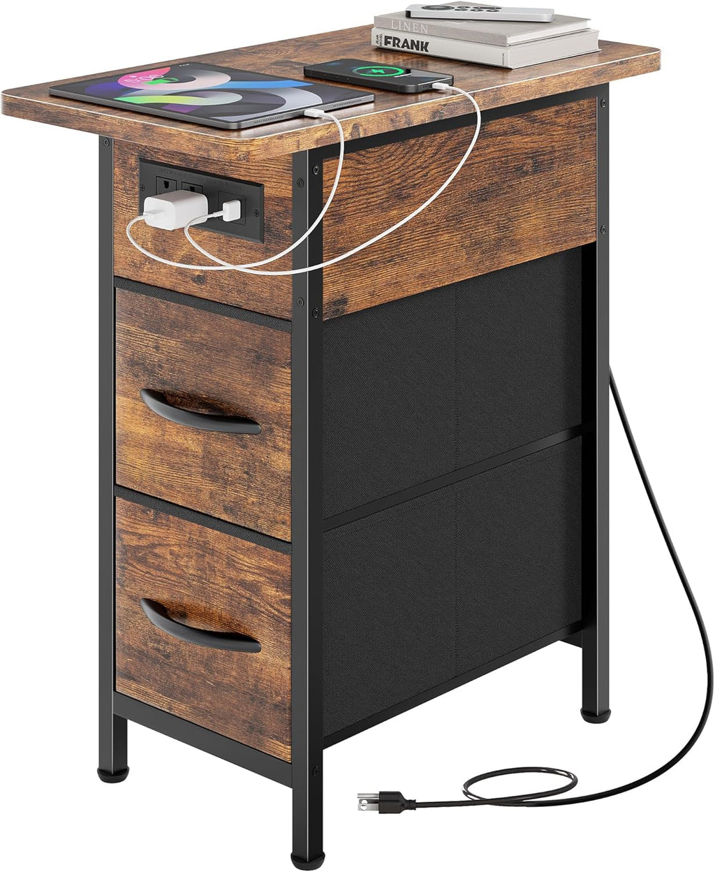 Huuger Narrow End Table with Charging Station, Flip Top Side Table with 2 Fabric Drawers, Slim Night Stand with USB-C Port for Small Spaces, Nightstand Bedside Couch Table, Living Room, Rustic Brown