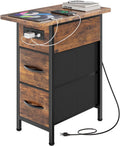 Huuger Narrow End Table with Charging Station, Flip Top Side Table with 2 Fabric Drawers, Slim Night Stand with USB-C Port for Small Spaces, Nightstand Bedside Couch Table, Living Room, Rustic Brown