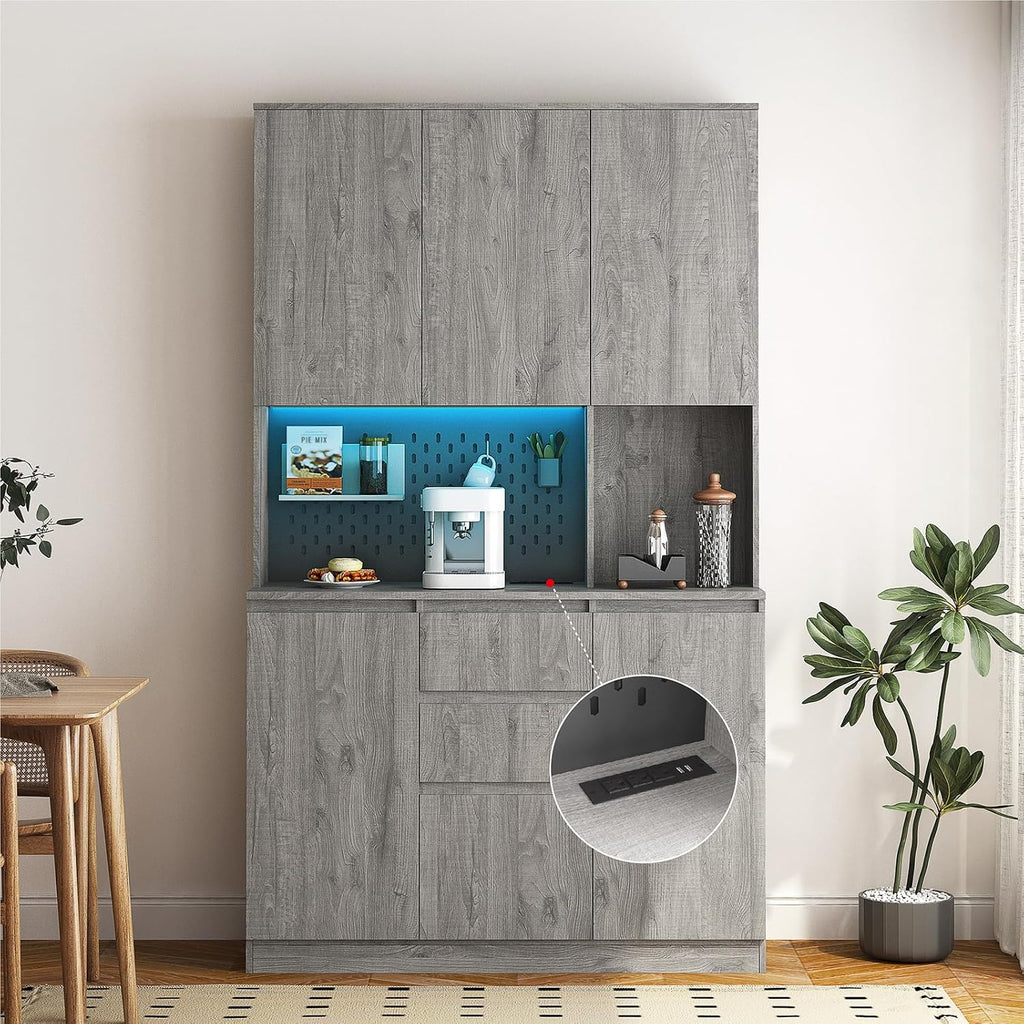 74 Inch Freestanding Kitchen Pantry Cabinet, Wooden Cutlery Storage Cabinet with Charging Station, LED Light for Kitchen, Dining Room and Living Room (Gray)